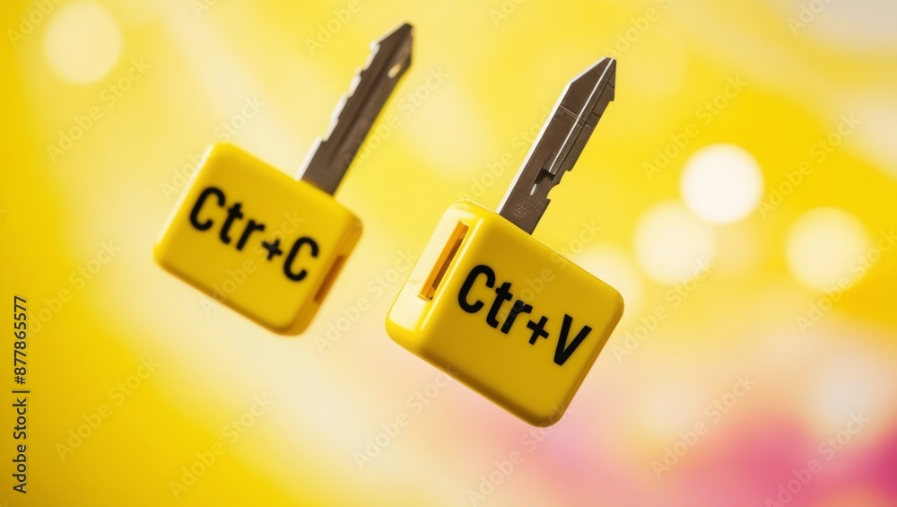 Aufkleber keyboard keys Ctrl C and Ctrl V, copy and paste the key shortcuts on yellow background