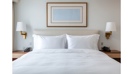 Clean and cozy modern bedroom interior with a neatly made bed, two wall-mounted lamps, and framed artwork.
