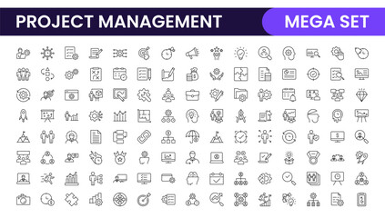 "Project Management web icons in line style. Outline icon collection related to Schedule, human resource, management, development, planning, and more.