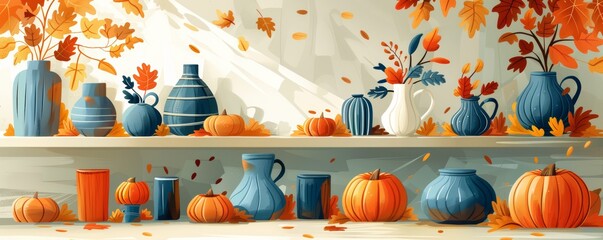 Autumn still life with pumpkins, vases and leaves on a shelf.