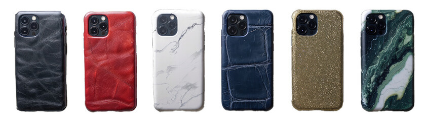 Stylish Phone Cases in Leather, Glitter, and Marble Designs. Isolated on a Transparent Background. Cutout PNG.