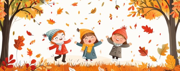 Three children play in autumn leaves.