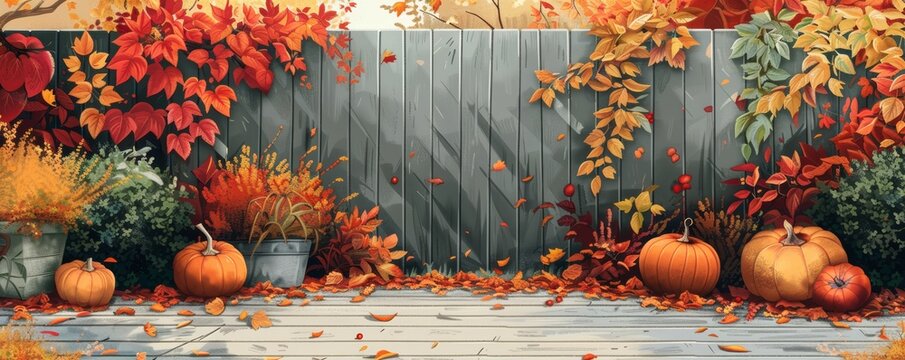Rustic autumn scene with pumpkins and fall foliage.