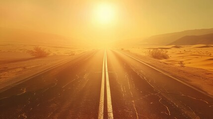A highway with a dashed white line down the center, stretching into the horizon through a desert landscape under a blazing hot sun. The road is flanked by sand dunes and sparse desert vegetation, with