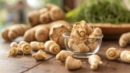 Fototapeta premium Close-up of Maca Root Capsules for Energy and Fitness on Vibrant Background