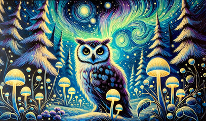 Magical Owl in Pine Forest with Luminescent Plants and Aurora Borealis, Glowing Mushrooms and Northern Lights 4k Wallpaper, Frame TV Art, Wall Art