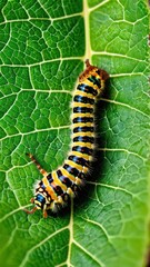Fototapeta premium A Small Colorful Caterpillar's Journey on a Vibrant Green Leaf