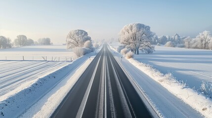 Obraz premium Highway with a solid white line down the center, leading into the horizon through a snowy landscape under a clear winter sky.