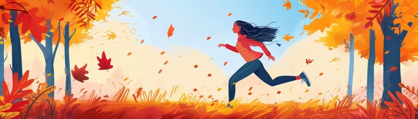 Woman running through autumn forest with colorful leaves falling around her.