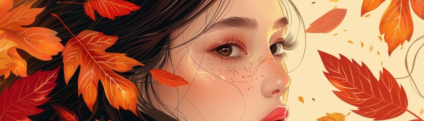 Woman with autumn leaves in her hair, looking away.