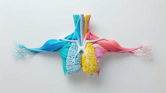 Colorful anatomical model showcasing human lungs and respiratory system against a light background, emphasizing scientific and artistic fusion.
