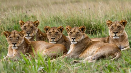 Obraz premium A group of lions lounging in the grass