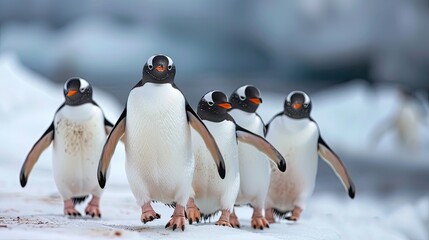 Obraz premium A group of penguins waddling on the ice