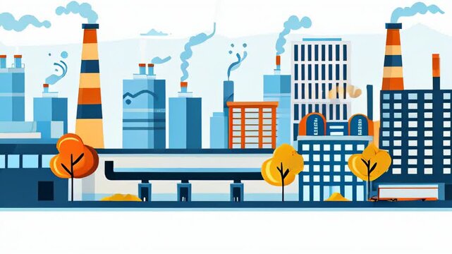 Animated cityscape with factories and smoke