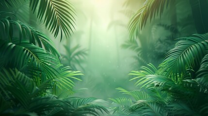 Jungle background with fern leaves and a mix of tropical and evergreen plants such as palm, pine, and spruce, creating a festive, nature-inspired scene perfect for holiday decorations and celebrations