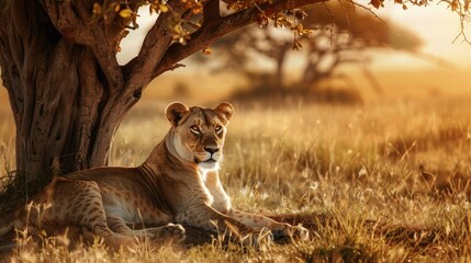 A majestic lioness resting under a tree in the savanna