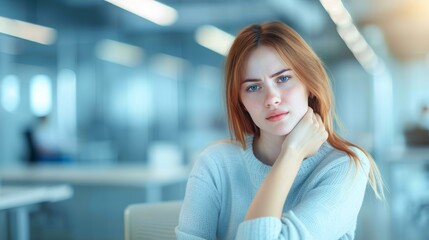 Obraz premium A young woman with a thoughtful expression sits in a modern office environment, highlighting a moment of contemplation. 