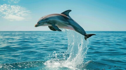Obraz premium A playful dolphin leaping out of the ocean, blue skies above