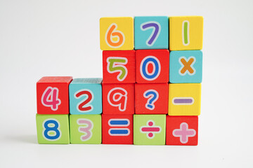 Number wood block cubes for learning Mathematic, education math concept.