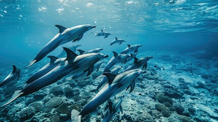 Obraz premium A school of dolphins swimming together in the ocean