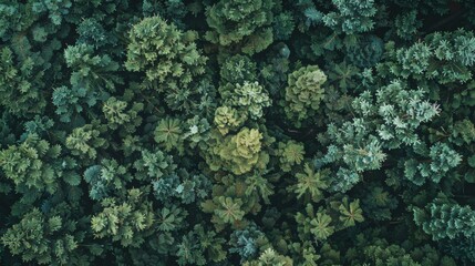 Top-down view of the canopy of a dense coniferous forest, with a rich green color palette, showing the varied textures and patterns of the tree tops.