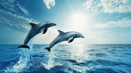 Dolphins leaping out of the ocean with space for text in the sky