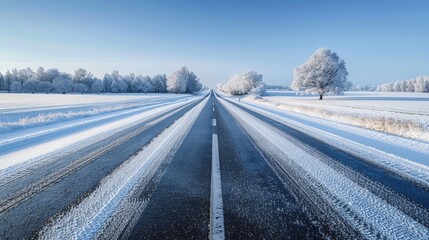 Obraz premium Highway with a solid white line down the center, leading into the horizon through a snowy landscape under a clear winter sky.