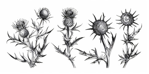 Thistle, ink drawing with black outline on white background, three different angles of the same plant, hand drawn style, simple vector art, clipart