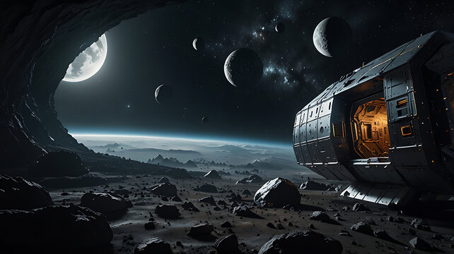 An image imagining sustainable practices in space exploration, such as space habitats with self-sustaining ecosystems or using asteroid mining for resources.

