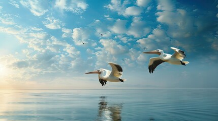 Pelicans flying over water with space for text in the sky