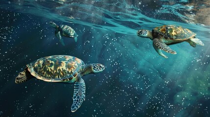 Sea turtles swimming in the ocean with space for text in the water