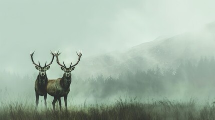 Stags in a misty morning with space for text in the background