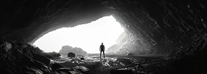 black ink on white background, silhouette of the dark figure in front of an open cave entrance, wide angle, full body shot, minimalism, low key, monochrome
