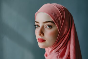 Naklejka premium Portrait of a Young Woman in a Pink Headscarf