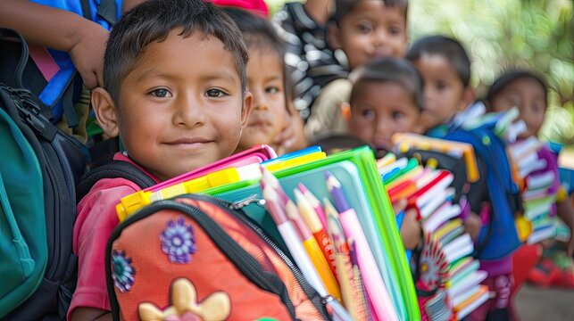 Сhildren with backpacks and school supplies sit together. Education, rural setting, childhood, and hope for a better future. Generative by AI.