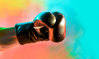Fototapeta premium A boxer's hand in a black boxing glove throws a punch on a multi-colored background. Banner. Copy space