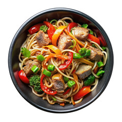 Noodles with meat and vegetables on black bowl top view isolated on transparent