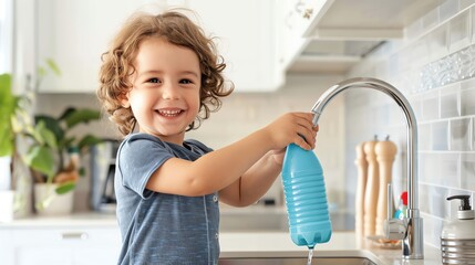 Smiling child filling a reusable water bottle from a kitchen faucet, Drinking water kid, eco-friendly habits