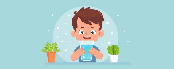 Fototapeta premium Drinking water kid, child hydrating happily, flat design illustration