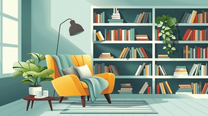 A bright yellow chair sits in front of a large bookcase filled with books