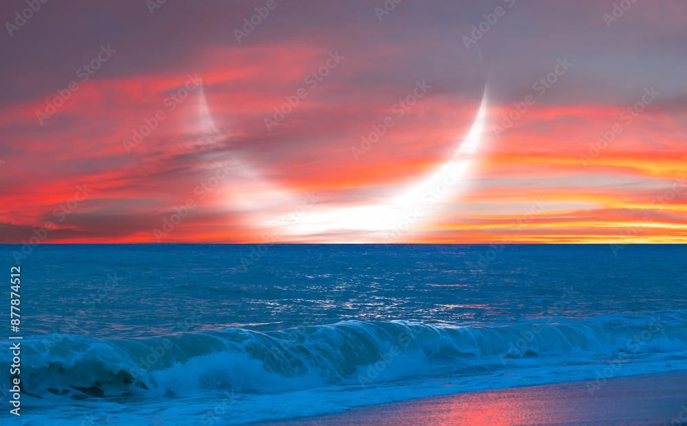 Fototapete Abstract background of amazing crescent moon over the sea at sunset