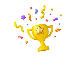 Trophy vector 3d icon. Gold cup award with star and confetti, cartoon simple illustration. Champion prize design element, isolated on white background