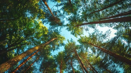 Fototapeta premium A view of tall pine trees from the ground looking up, their green needles creating a dense canopy against a clear blue sky.