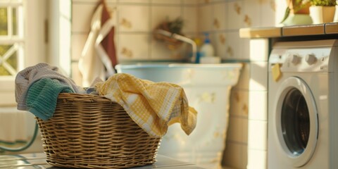 A laundry basket filled with towels next to a washing machine, perfect for use in home or office settings
