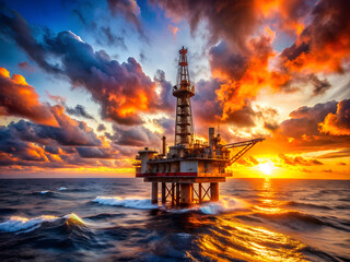 Obraz premium Oil platform in the ocean at sunset. 