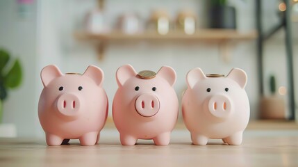Obraz premium Family adding coins to piggy banks labeled with goals, saving habits, family teamwork