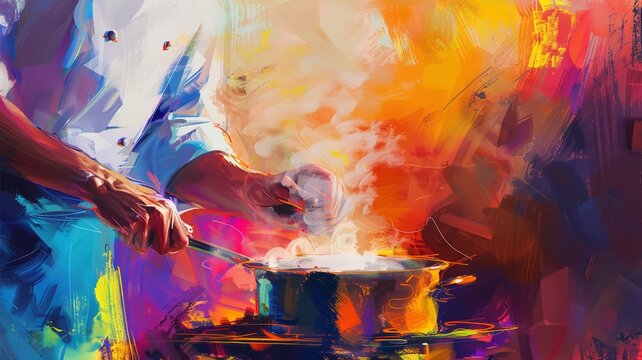 Colorful Abstract Chef Cooking with Steam in a Modern Kitchen