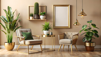 Stylish living room interior with a poster frame mock-up.
