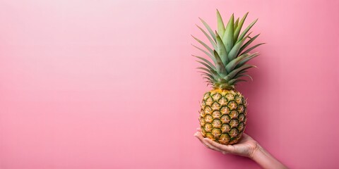Fototapeta premium A hand holding a fresh pineapple against a pink background, emphasizing the vibrant contrast between the fruit and backdrop.