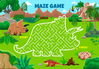 Labyrinth maze game. Help to mother dinosaur find her eggs. Vector fun and engaging dino-themed worksheet prehistoric vegetation. Riddle starts at the triceratops and finishes at the nest with eggsV © Vector Tradition